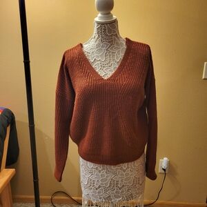 Poof Apparel Rust V-Neck Ribbed Knit Sweater